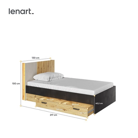 Łóżko Qubic 120x200 cm dąb artisan / raw steel / silk flou komfortowe łóżko z obustronnymi szufladami stabilny stelaż pod materac