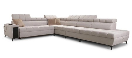 Narożnik z funkcją spania Bolmso XII brązowy prawostronny nowoczesny design narożnik zapewnia komfort obszerne pojemniki na pościel