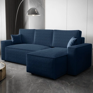 Narożnik z funkcją spania Nelo niebieski prawostronny praktyczny i nowoczesny narożnik pokryty sztruksową tkaniną pojemnik na pościel