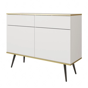 Komoda z szufladami Luxury 107 cm biała nowoczesny design komody do salonu korpus zwieńczony złotą listwą czarne metalowe nogi