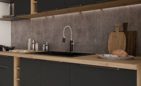 Szafka kuchenna narożna dostawiana Alatri Ar 105 ND 1F BB lewa fronty szafki kuchennej wykończone w technologii anti fingerprint