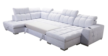 Narożnik z funkcją spania Luigi VI beżowy prawostronny stylowy narożnik rozkładany z pojemnikami na pościel pokryty miękką tkaniną