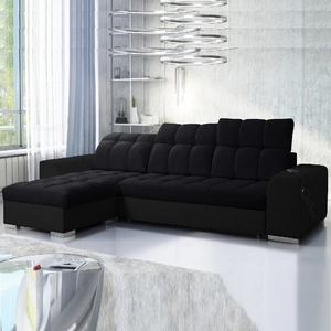 Narożnik z funkcją spania Luigi czarny / czarna ekoskóra lewostronny narożnik z dwoma pojemnikami na pościel tkanina o ciekawej strukturze