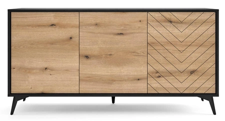 Komoda Gusto 154 cm czarna / dąb evoke funkcjonalna idealna do wnętrz w stylu nowoczesnym klasycznym i skandynawskim