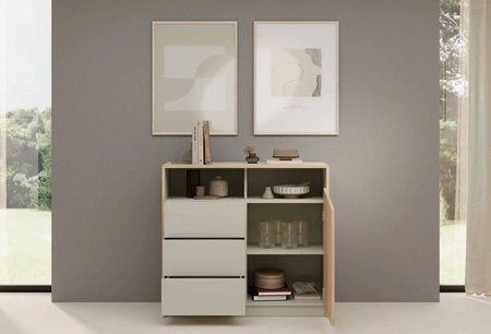 Komoda z szufladami Atson 100 cm szarobeżowy / dąb olejowany prawa stylowy design komody ciekawy kształt frontu nadaje oryginalności