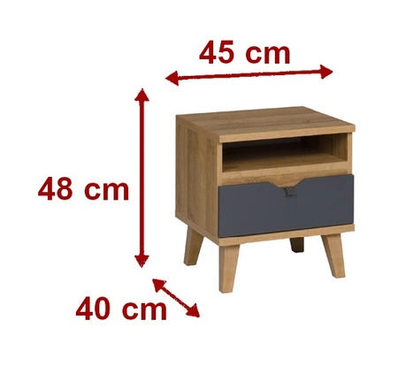 Szafka nocna z szufladą Memone dąb złoty/ grafitowy stylowa szafka do sypialni lub pokoju młodzieżowego w stylu skandynawskim