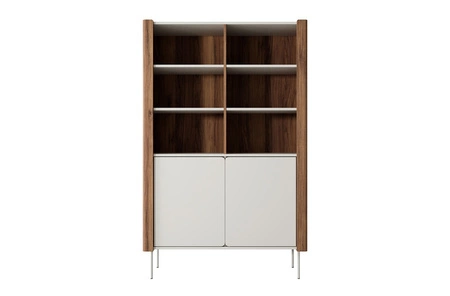 Regał Tantuni 105 cm orzech warmia / beżowy stylowy i elegancki regał z drzwiami wyrazista kolorystyka stabilne metalowe nogi