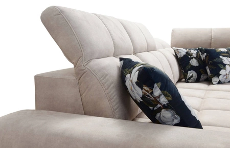 Narożnik z funkcją spania Buffalo II ciemny beżowy prawostronny funkcjonalny i stylowy narożnik rozkładany z regulowanymi zagłówkami