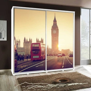 Szafa przesuwna Artistino 205 cm z grafiką Londyn korpus szafy w kolorze białym wykonany z płyty o grubości 22mm