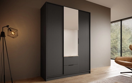 Szafa z lustrem Norel 150 cm grafitowa stylowa szafa o nowoczesnym designie z ryflowanymi frontami i pojemnymi szufladami