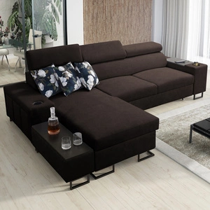 Narożnik z funkcją spania Flavio brązowy lewostronny komfortowy elegancki narożnik z dostawką otwierany barek w boczku mebla