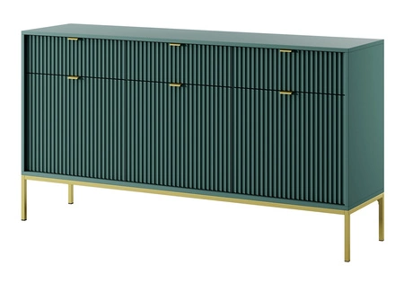 Komoda z szufladami Lovro 154 cm pastelowy zielony nowoczesny design zachwyci miłośników wyrazistych wnętrz złote metalowe dodatki