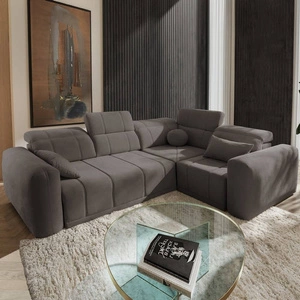 Narożnik z funkcją spania Cetara II szary brąz prawostronny stylowy design przesuwane oparcia regulowane zagłówki i pojemnik na pościel