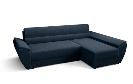 Narożnik z funkcją spania Fogu III niebieski prawostronny stylowy narożnik z podłokietnikami i pojemnikiem na pościel sztruksowa tkanina