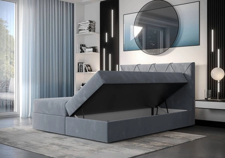 Łóżko kontynentalne Arvada 160x200 błękitne w nowoczesnym skandynawskim stylu z tapicerowanym zagłówkiem