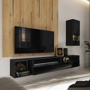 Meblościanka Paleo czarna / czarny połysk minimalistyczny design meblościanka do salonu lub pokoju dziennego system push to open