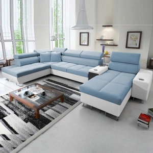 Narożnik z funkcją spania Dafni V błękitno biały prawostronny velvet wygodny i komfortowy narożnik z regulowanymi zagłówkami