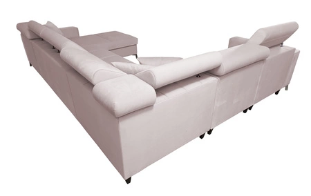 Narożnik z funkcją spania Nausa VII beżowy prawostronny elegancki narożnik do salonu wykonany z miękkiej tkaniny typu velvet