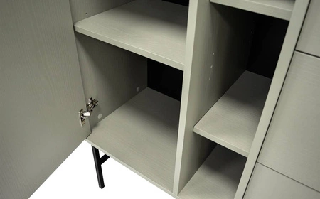 Meblościanka Kioto II eukaliptus stylowy design mebli do salonu eleganckie meble wsparte na metalowych czarnych nogach subtelne uchwyty