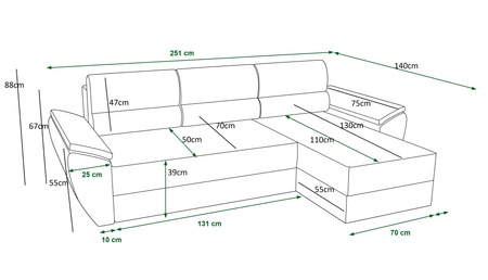 Narożnik z funkcją spania Fogu II zielony prawostronny stylowy narożnik z komfortowymi podłokietnikami i pojemnikiem na pościel