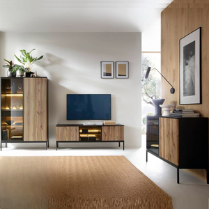 Zestaw mebli Amma czarny / dąb wotan nietuzinkowy design system push to open przeszklone elementy meblościanki gustowne ryflowane fronty