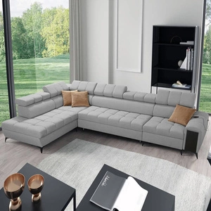 Narożnik z funkcją spania Bolmso XI szary lewostronny stylowy design narożnik rozkładany z szufladą i pojemnikami na pościel