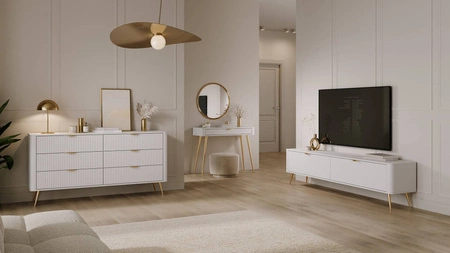 Komoda z szufladami Lante 163 cm biała elegancki design owalny kształt komody osadzona na wysokich nogach gustowny ryflowany front