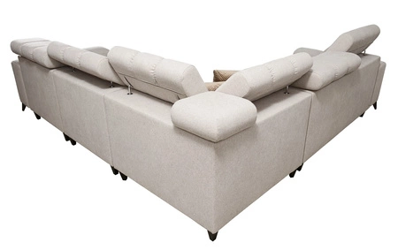 Narożnik z funkcją spania Bolmso III beżowy prawostronny narożnik z pojemnikami na pościel szuflada z pełnym wysuwem w boczku mebla