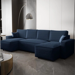 Narożnik z funkcją spania Nelo U niebieski komfortowy i nowoczesny narożnik z pojemnikiem na pościel sztruksowa prążkowana tkanina