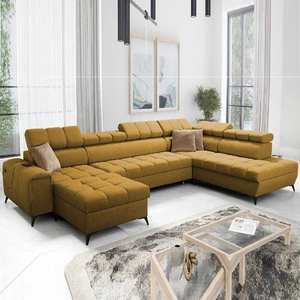 Narożnik z funkcją spania Bolmso VI musztardowy lewostronny wygodny narożnik z regulowanymi zagłówkami dekoracyjne pikowania na siedzisku