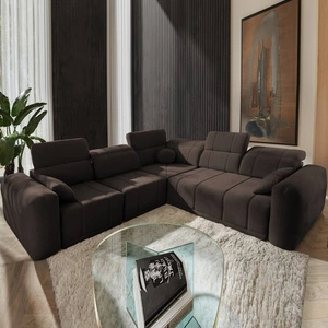 Narożnik z funkcją spania Cetara III brązowy lewostronny ergonomiczny narożnik z przesuwanym oparciem i regulowanymi zagłówkami