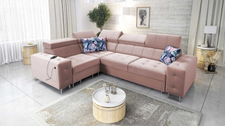 Narożnik z funkcją spania Hampton II kwarcowy róż lewostronny stylowy narożnik rozkładany miękka tkanina obiciowa typu velvet
