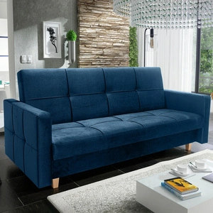 Kanapa rozkładana Sava granatowa nowoczesny design szeroka funkcjonalność wersalki do pokoju miękka tkanina o delikatnym połysku