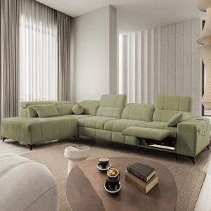 Narożnik z funkcją spania Penejos XI Lux oliwkowy lewostronny stylowy narożnik rozkładany z komfortowym wysuwanym podnóżkiem