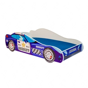 Łóżko Sheriff 70x140 cm designerskie łóżko z materacem w kształcie samochodu z ozdobnym nadrukiem wykonane z solidnych materiałów