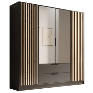 Szafa z lustrem Neri 200 cm czarna stylowe lamele zdobiące drzwi szafy pojemne szuflady uchwyty krawędziowe