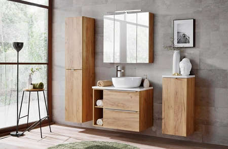 Szafka pod umywalkę Capri 60 cm dąb craft złoty nowoczesny design szafki do łazienki z szufladami metalowy uchwyt krawędziowy