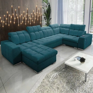 Narożnik z funkcją spania Luigi IV turkusowy lewostronny elegancki narożnik do salonu wykonany z miękkiej tkaniny typu velvet