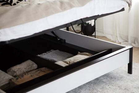 Łóżko Gris 160x200 cm szary / czarny / dąb natura komfortowe łóżko do sypialni z pojemnikiem zagłówek wzbogacony o oświetlenie LED