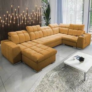 Narożnik z funkcją spania Luigi IV miodowy lewostronny elegancki narożnik do salonu wykonany z miękkiej tkaniny typu velvet