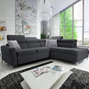 Narożnik z funkcją spania Rava III grafitowy prawostronny velvet komfortowy narożnik z regulowanymi zagłówkami i pojemnikiem na pościel