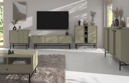 Komoda z szufladami Kioto III 84 cm eukaliptus nowoczesny design subtelne czarne uchwyty metalowy stelaż idealna komoda do salonu