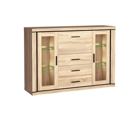 Komoda z szufladami Dallas 157 cm dąb sonoma / czarny elegancka stylistyka mebla wzbogacona o stylowe czarne dodatki przeszklone fronty