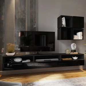 Meblościanka Dion czarna / czarny połysk uniwersalna i stylowa meblościanka do salonu system otwierania drzwi i szuflad push to open