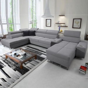 Narożnik z funkcją spania Dafni V szary prawostronny pleciony wygodny i komfortowy narożnik z regulowanymi zagłówkami