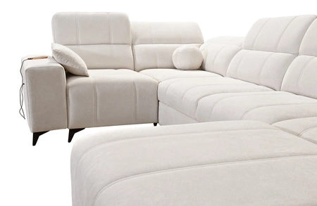 Narożnik z funkcją spania Penejos IV ciemny beżowy prawostronny narożnik rozkładany z dwoma pojemnikami na pościel trwała tkanina