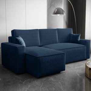 Narożnik z funkcją spania Nelo niebieski lewostronny praktyczny i nowoczesny narożnik pokryty sztruksową tkaniną pojemnik na pościel