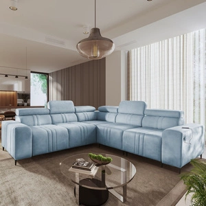 Narożnik z funkcją spania Castel III błękitny prawostronny narożnik z dwoma pojemnikami na pościel regulowane zagłówki