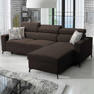 Narożnik z funkcją spania Savona brązowy prawostronny wygodny i elegancki narożnik z regulowanymi zagłówkami dekoracyjne przeszycia