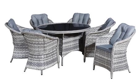 Zestaw mebli ogrodowych Moderno Grande jasny szary elegancki design duży zestaw mebli do ogrodu z okrągłym stolikiem kawowym